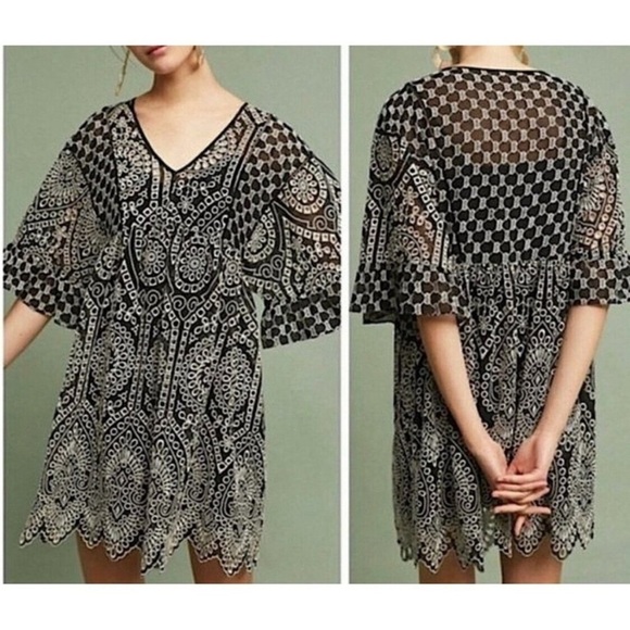 Anthropologie Akemi + Kin Brooke Eyelet Swing Dress Black White Lace Boho Size 4 - Picture 4 of 16